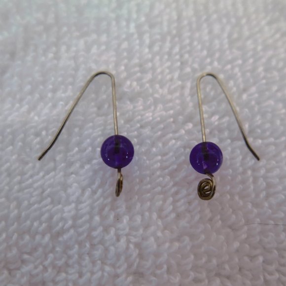 Vintage Silver Open Hook Earrings with Purple Bead - Picture 8 of 10